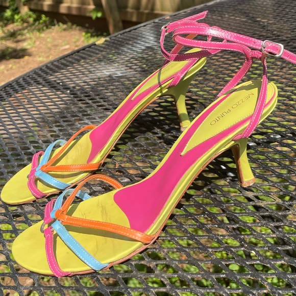 Y2K Rainbow Summer Sandals kitten Heels Size 7 Vintage 2000s Strappy Shoes - Picture 2 of 5